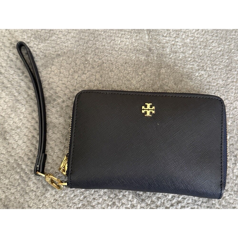 Tory Burch Black Leather Wristlet Wallet with Gold Logo